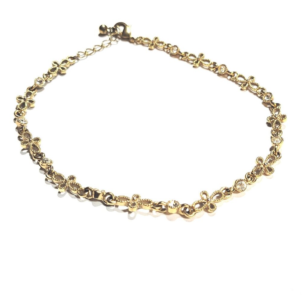 Gold Plated Tiny Crystal Cubic Zirconia Filigree Cross Vintage Anklet